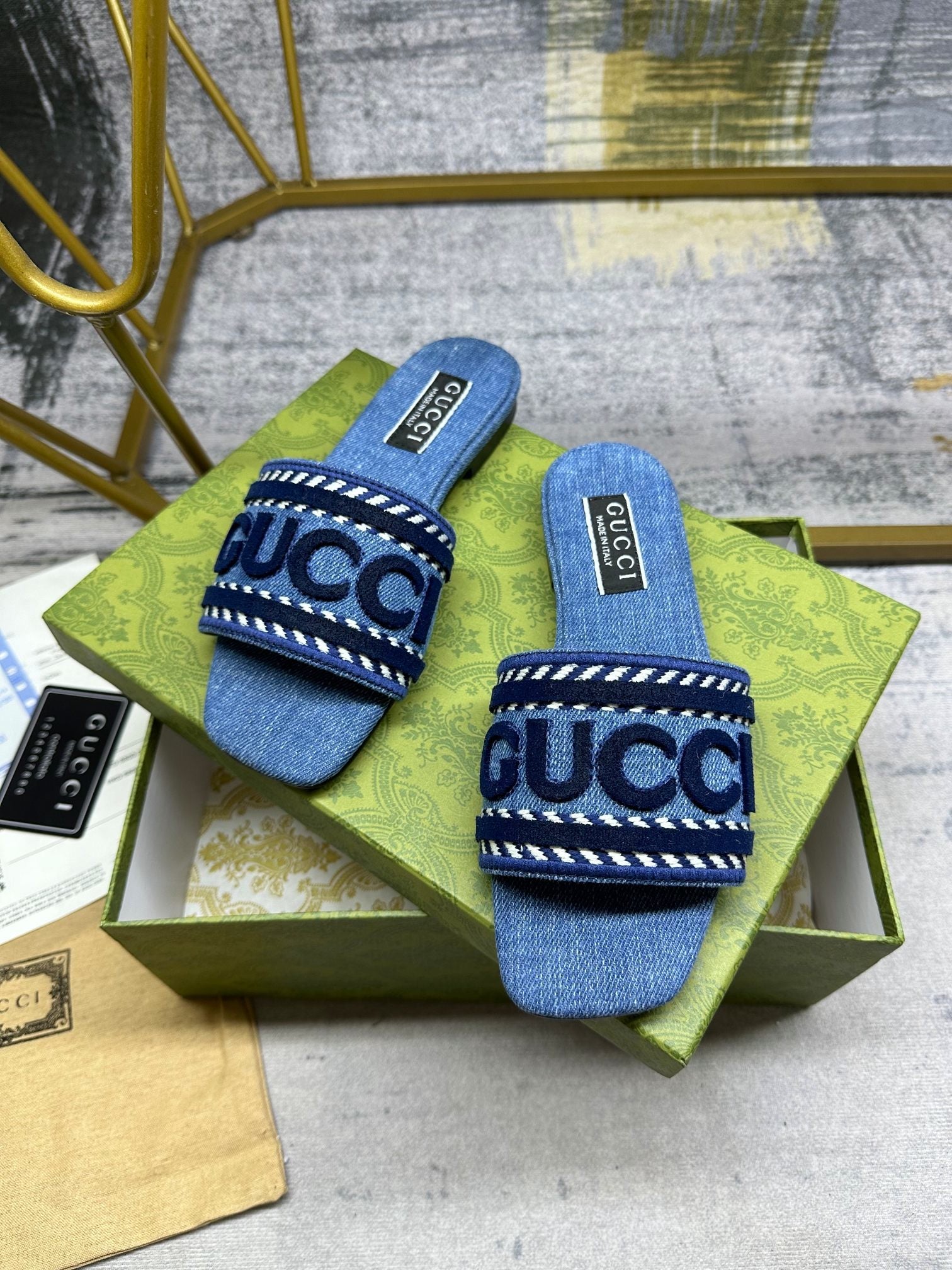 DENIM SLIDE SANDALS WITH EMBROIDERED LOGO STRAP