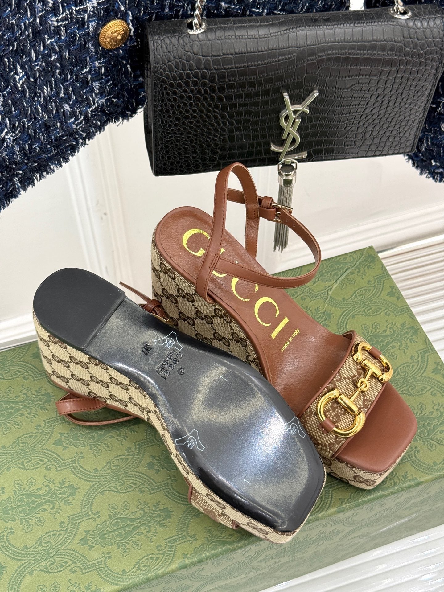 BEIGE MONOGRAM PLATFORM WEDGE SANDALS
