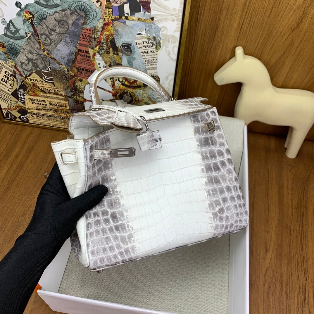 LUXURY MINI WHITE CROCODILE EMBOSSED LEATHER TOP HANDLE BAG
