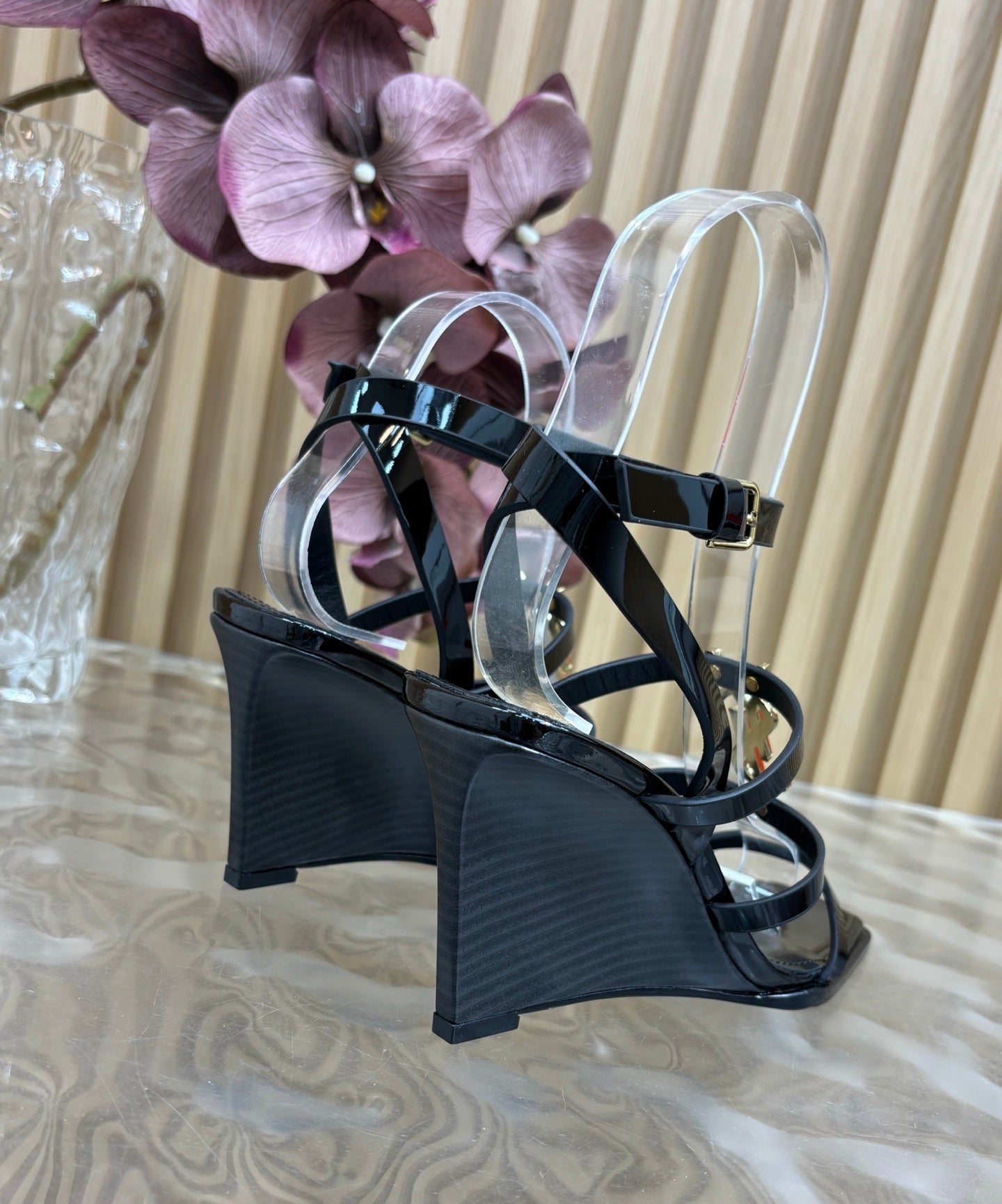 BLACK MULTI-STRAP HIGH HEEL SANDALS WITH GOLD LOGO DETAIL