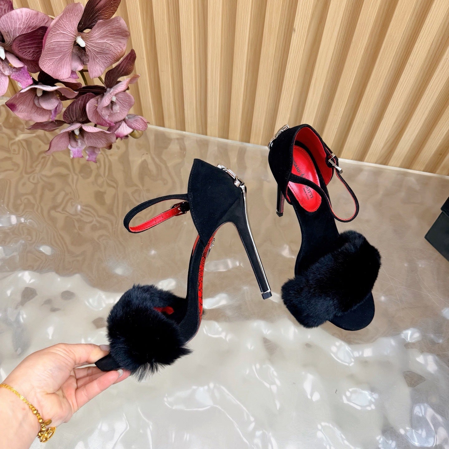 FUR DETAIL STILETTO HEELS – BLACK LUXE EVENING SANDALS