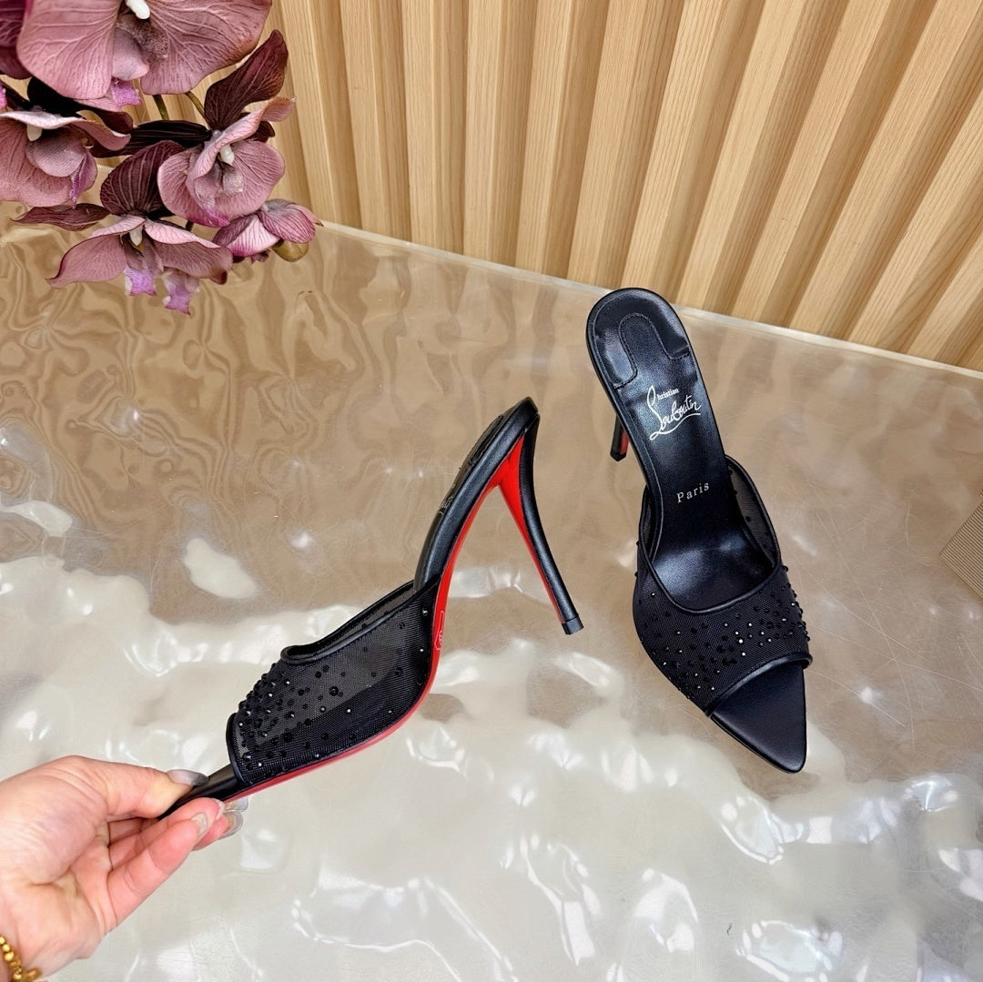 BLACK RHINESTONE MULE HEELS