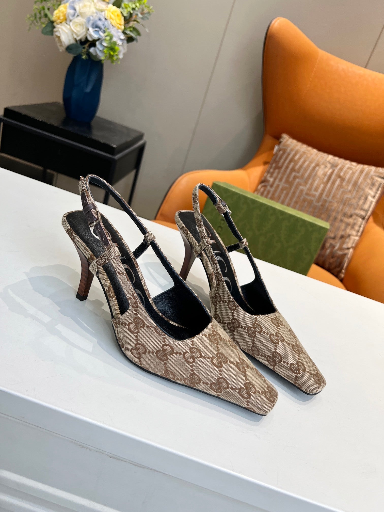 MONOGRAM T-STRAP SLINGBACK HEELS WITH SCULPTED HEEL