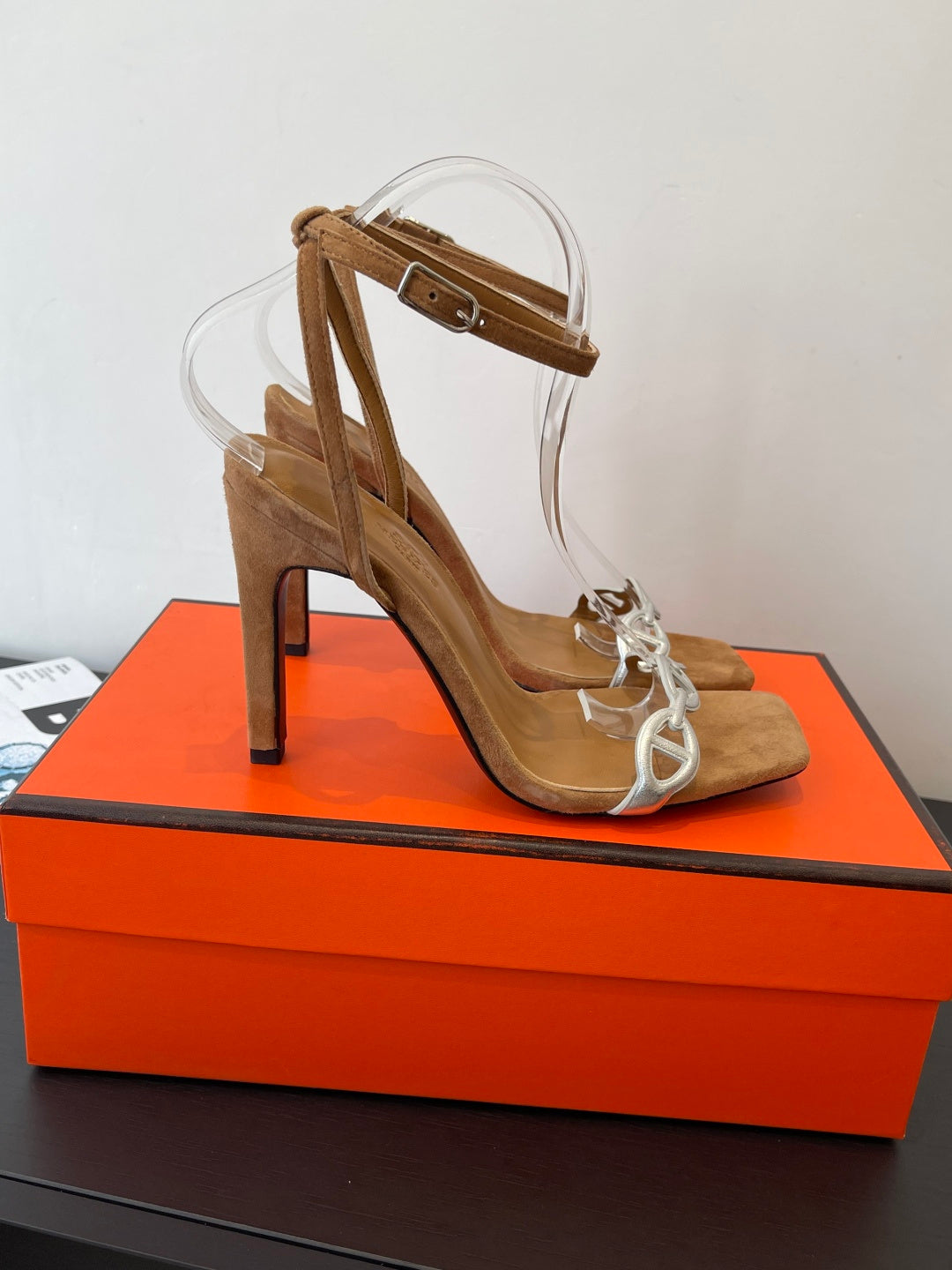 CAMEL SUEDE ANKLE STRAP STILETTO SANDALS