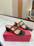 STUDDED STRAP MID-HEEL SANDALS – BLACK WITH TURQUOISE DETAILS