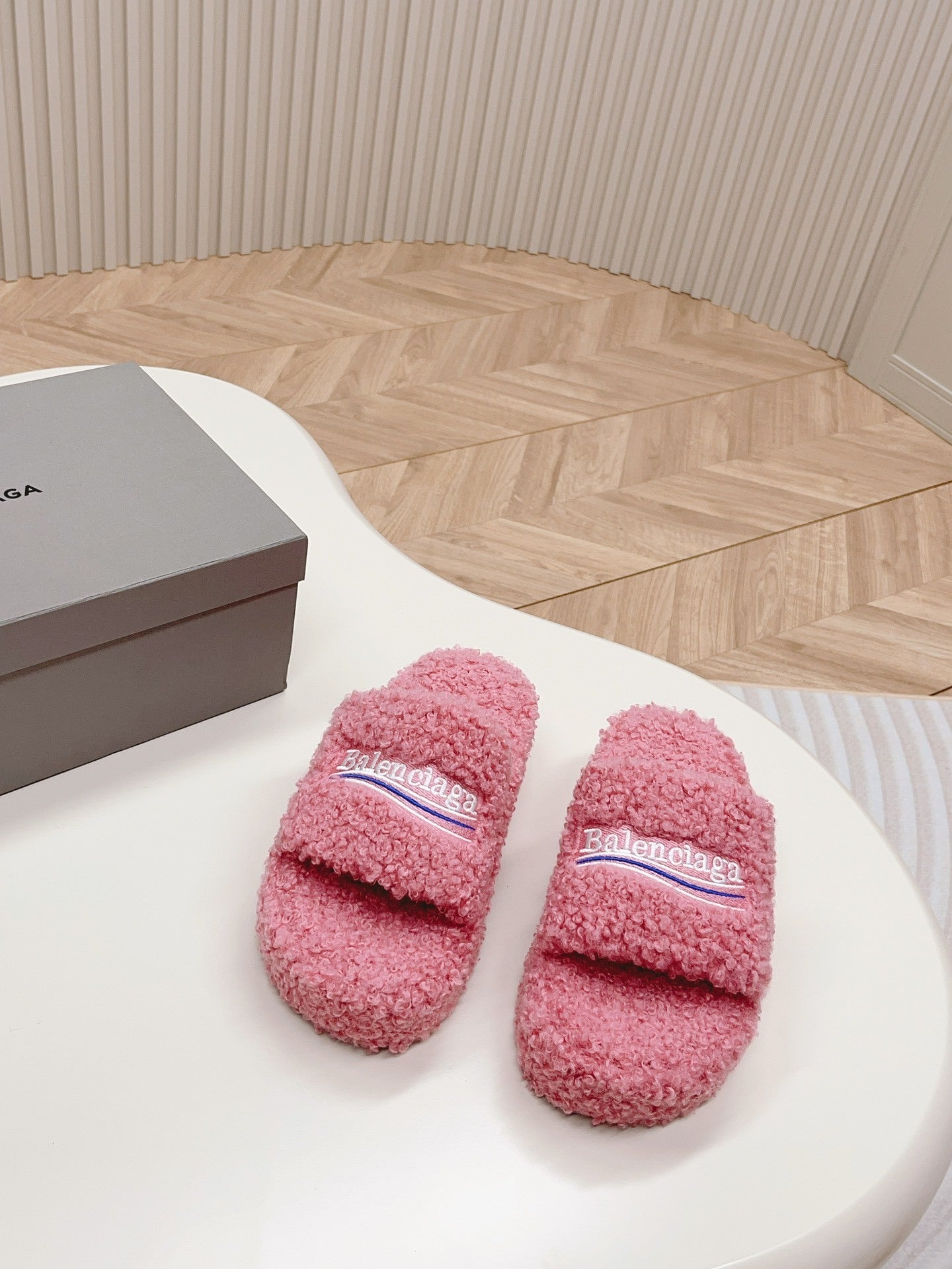PINK SHERPA LOGO PLATFORM SLIDE SANDALS