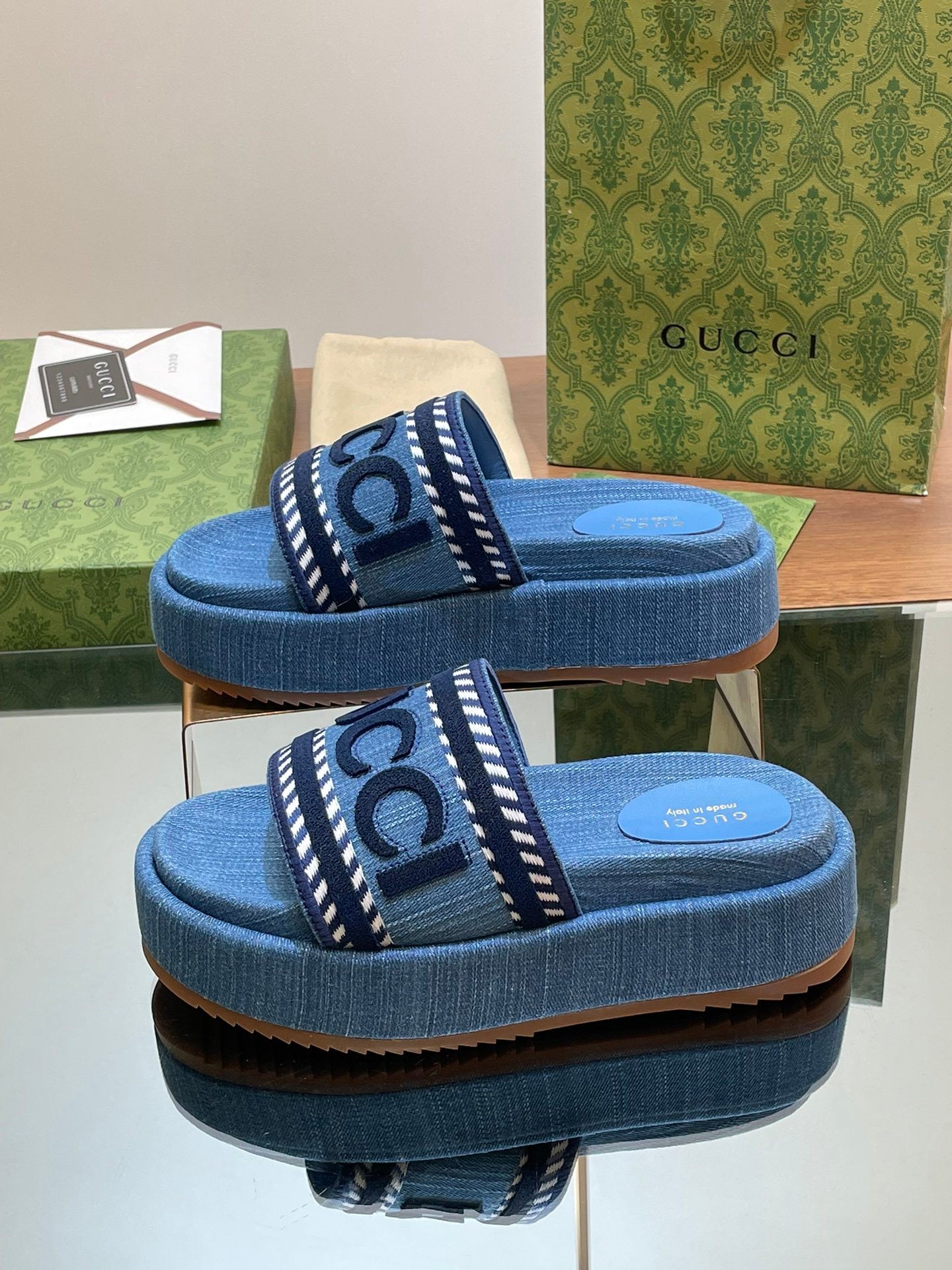 BLUE DENIM LOGO PLATFORM SLIDE SANDALS