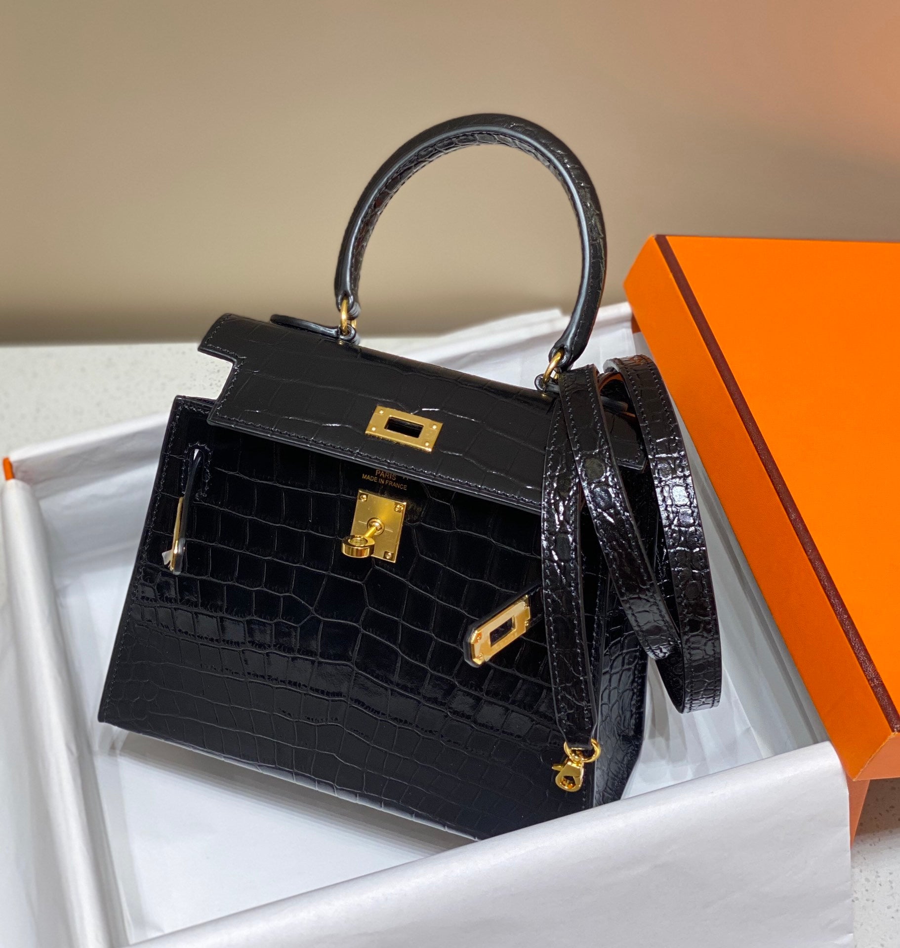 LUXURY BLACK CROCODILE EMBOSSED MINI TOP HANDLE HANDBAG WITH GOLD HARDWARE