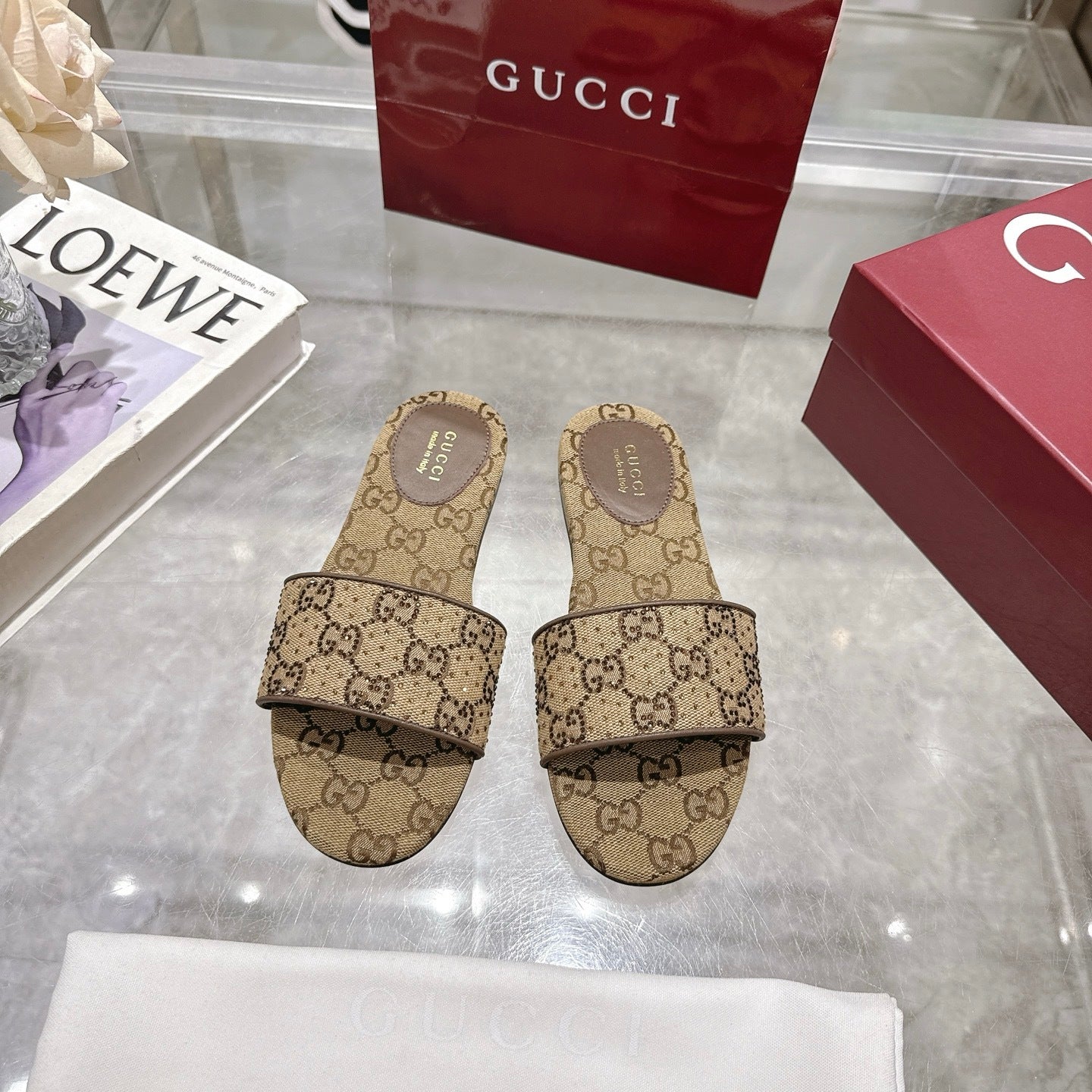 BEIGE PATTERNED SLIDE SANDALS