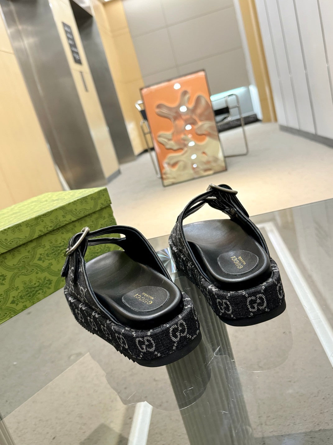 BLACK MONOGRAM DOUBLE-STRAP PLATFORM SANDALS