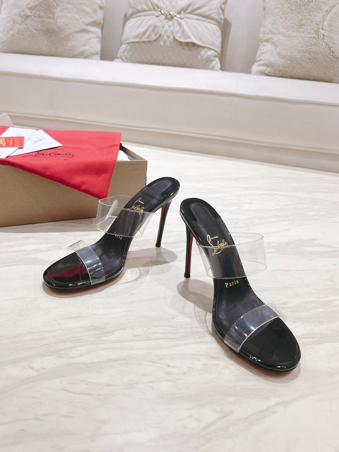 BLACK CLEAR STRAP MULE HEELS