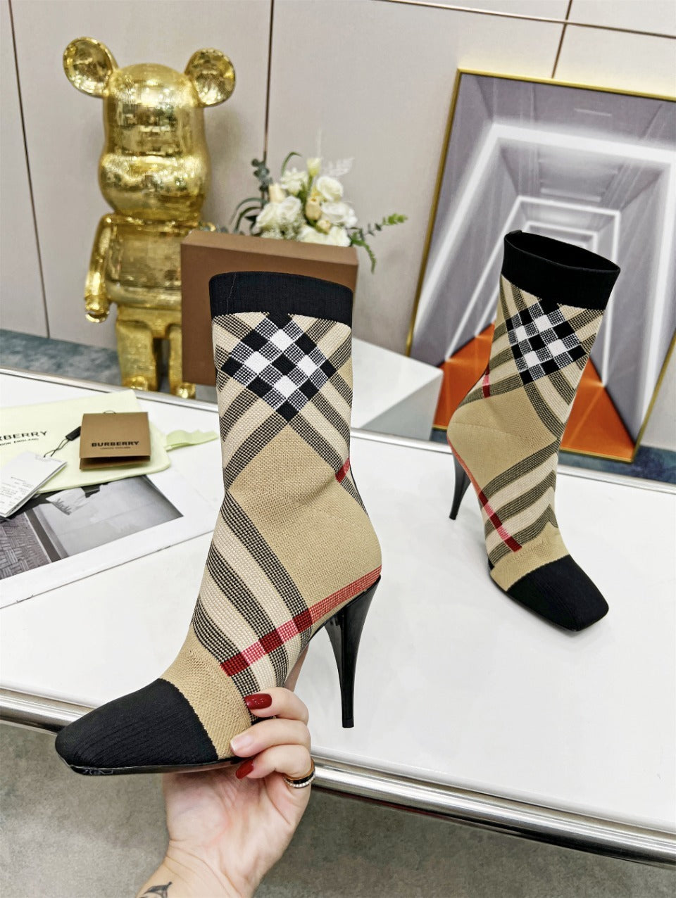 CHECK PATTERN KNIT ANKLE BOOTS WITH STILETTO HEEL