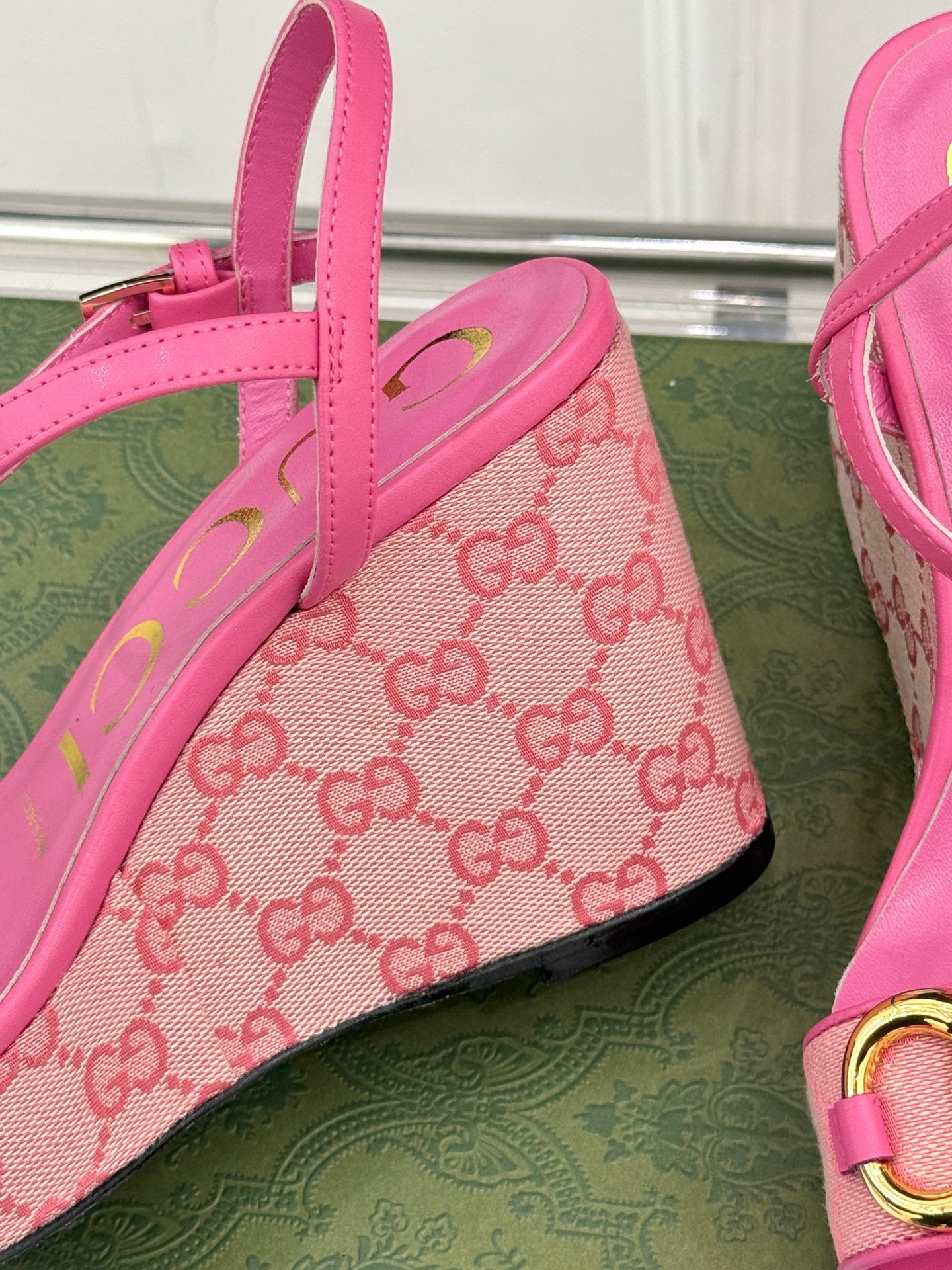 PINK MONOGRAM PLATFORM WEDGE SANDALS