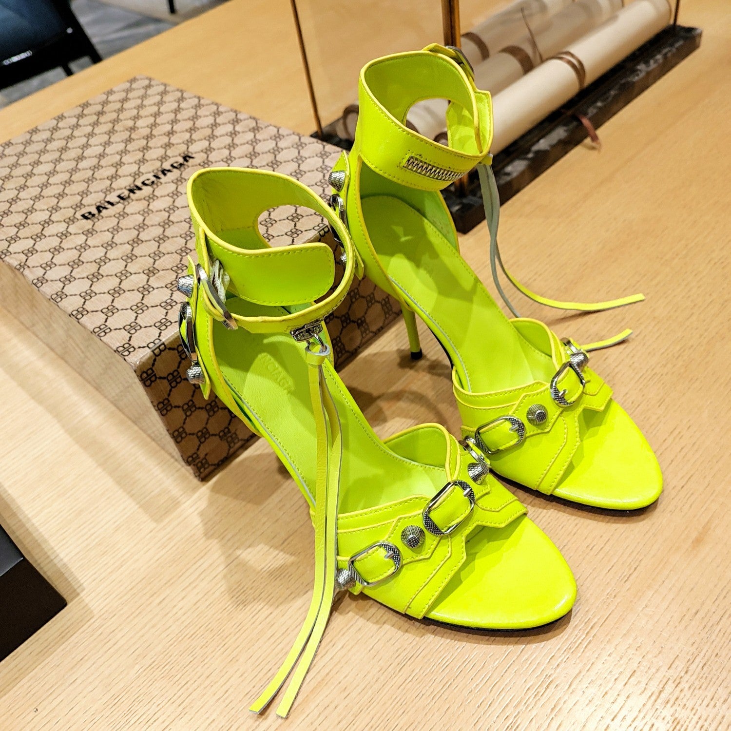 NEON GREEN BUCKLE STRAP HIGH HEEL SANDALS