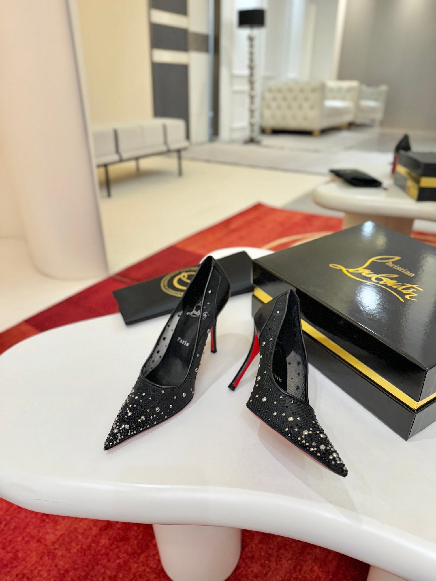 BLACK RHINESTONE MESH POINTED HEELS