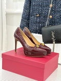 BURGUNDY PATENT PLATFORM STILETTO HEELS WITH GOLD DETAIL
