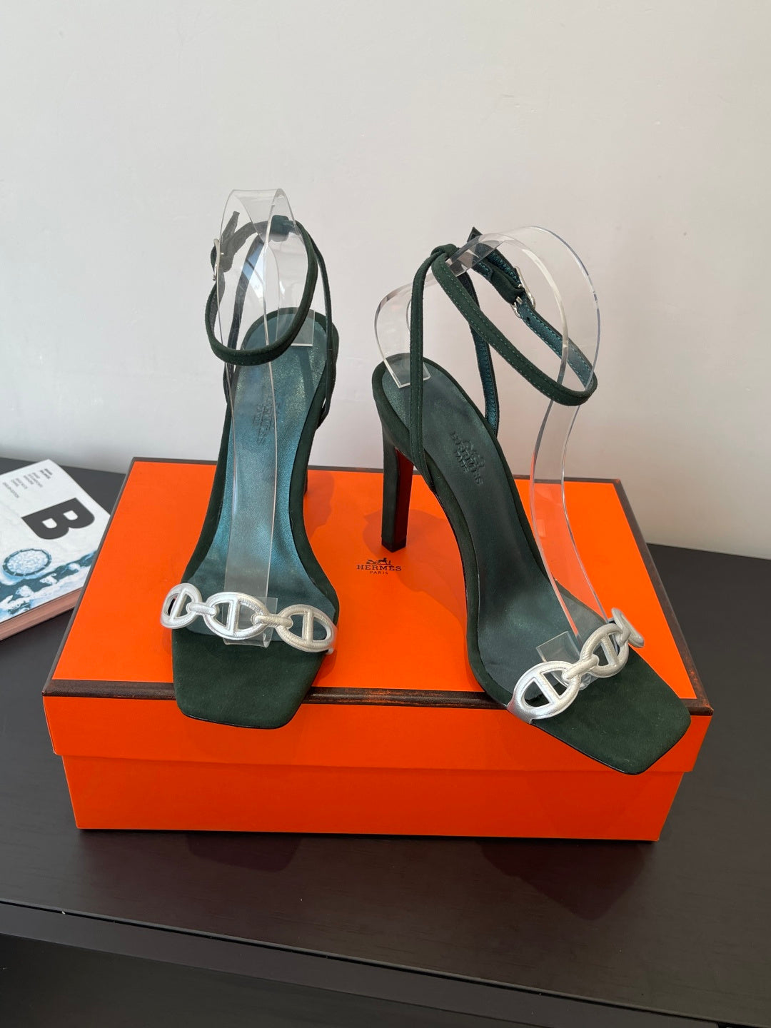 FOREST GREEN SUEDE ANKLE STRAP HIGH HEEL SANDALS