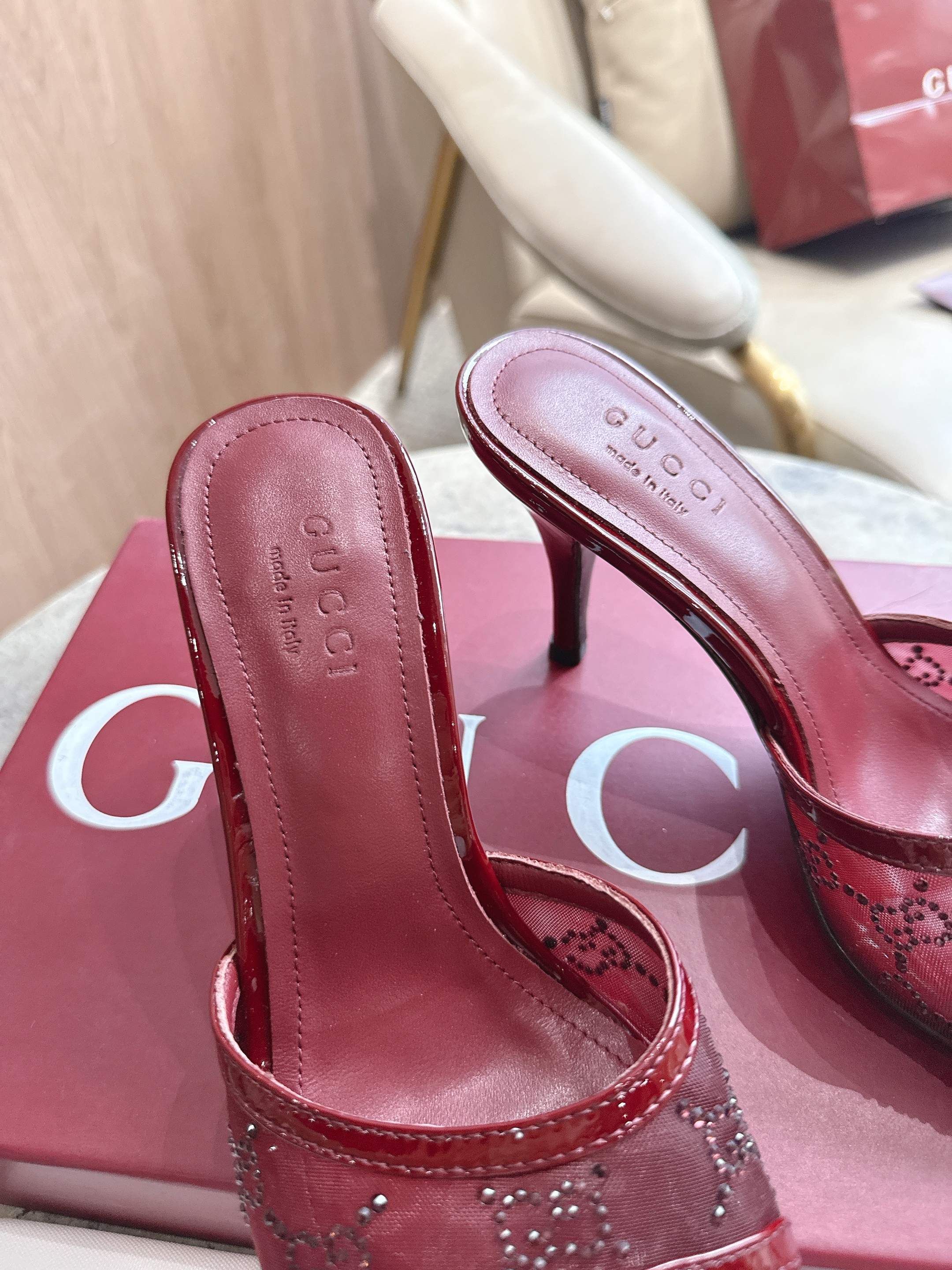 RED EMBELLISHED HEELED MULE SANDALS