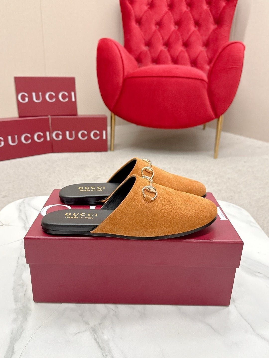 SUEDE SLIP-ON MULES WITH GOLD HORSEBIT DETAIL