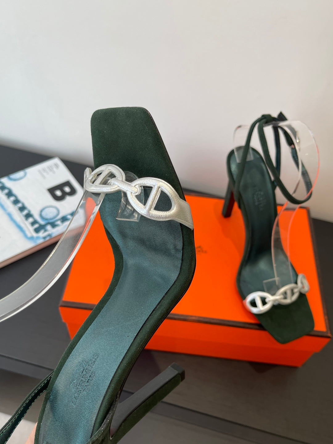 FOREST GREEN SUEDE ANKLE STRAP HIGH HEEL SANDALS