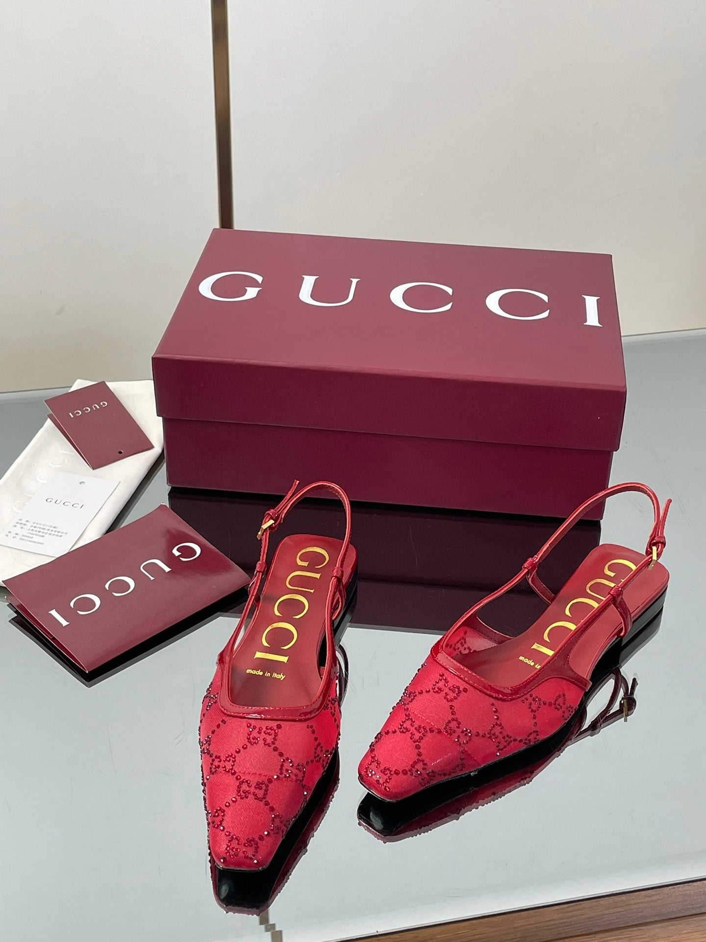 RED EMBELLISHED SLINGBACK FLATS