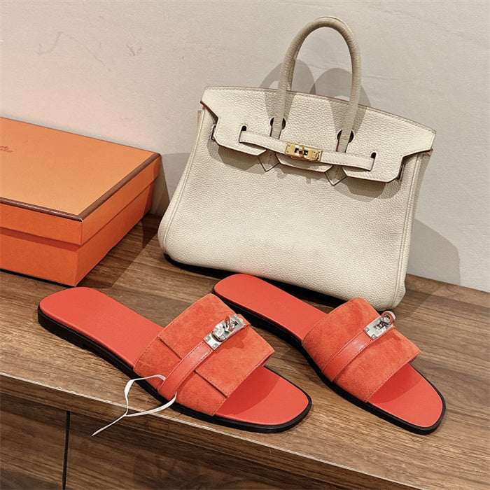 CORAL SUEDE BUCKLE SLIDE SANDALS