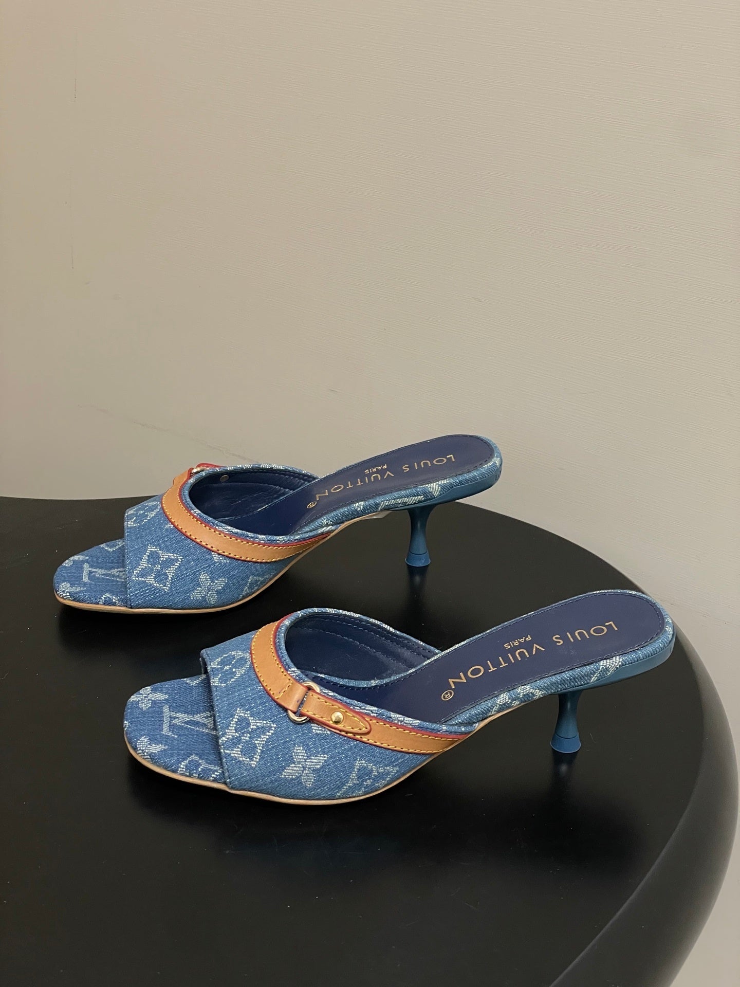 DENIM MONOGRAM STRAP KITTEN HEEL MULES