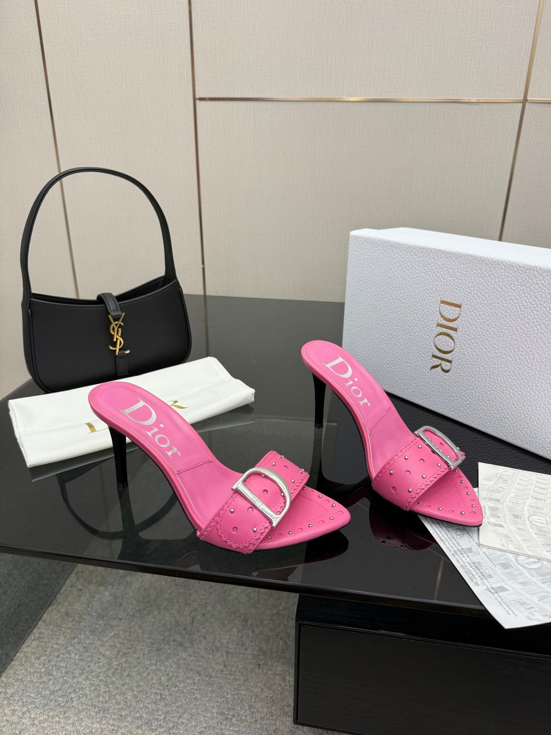 PINK STUDDED LOGO MULE HEELS
