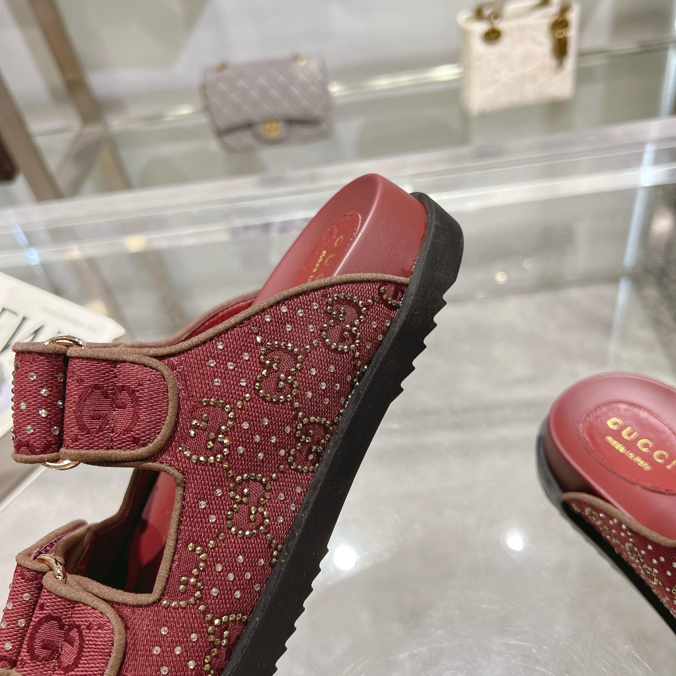 RED STUDDED DOUBLE-STRAP SLIDES