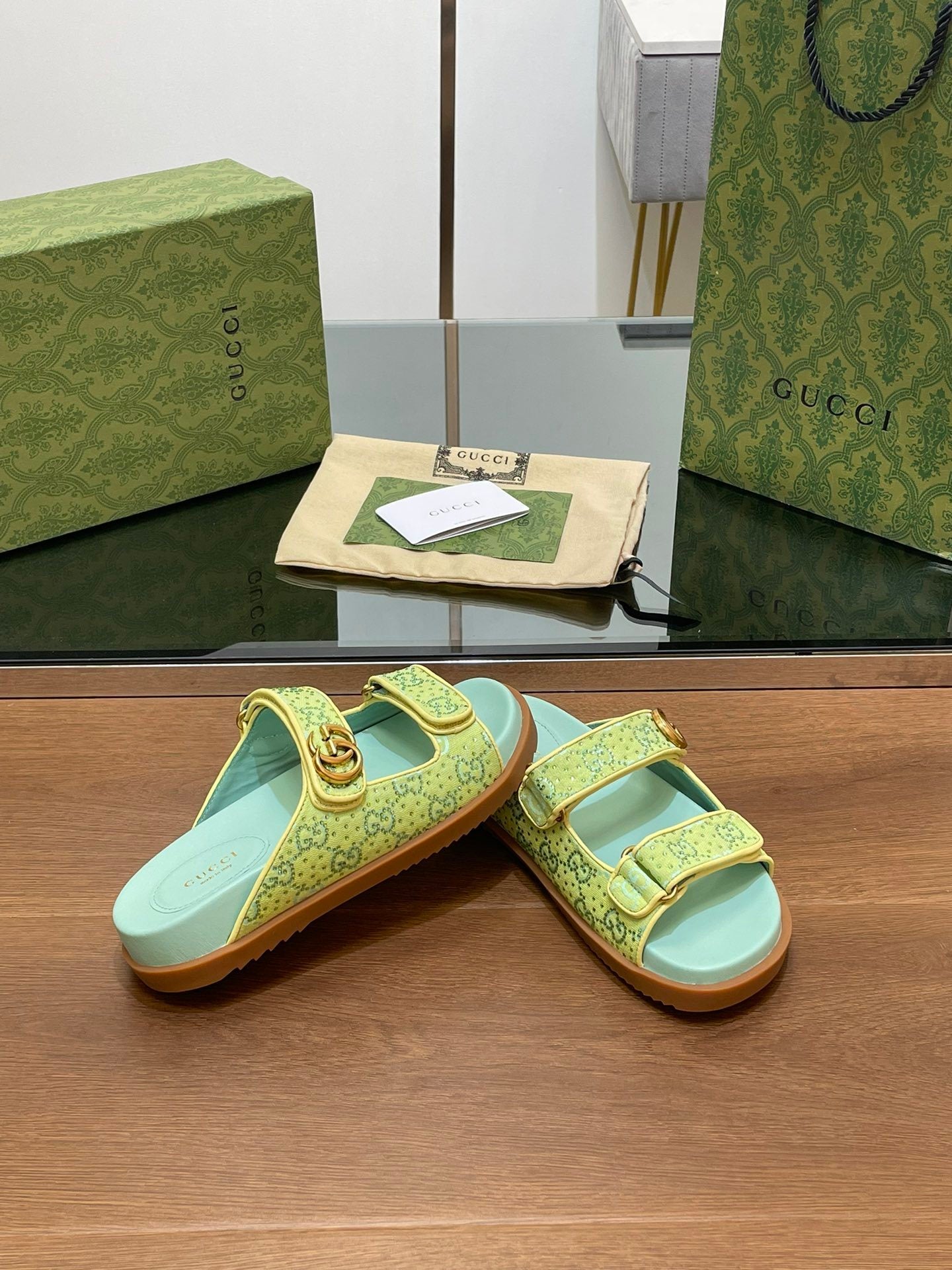 GREEN MULTI-STRAP LOGO SANDALS
