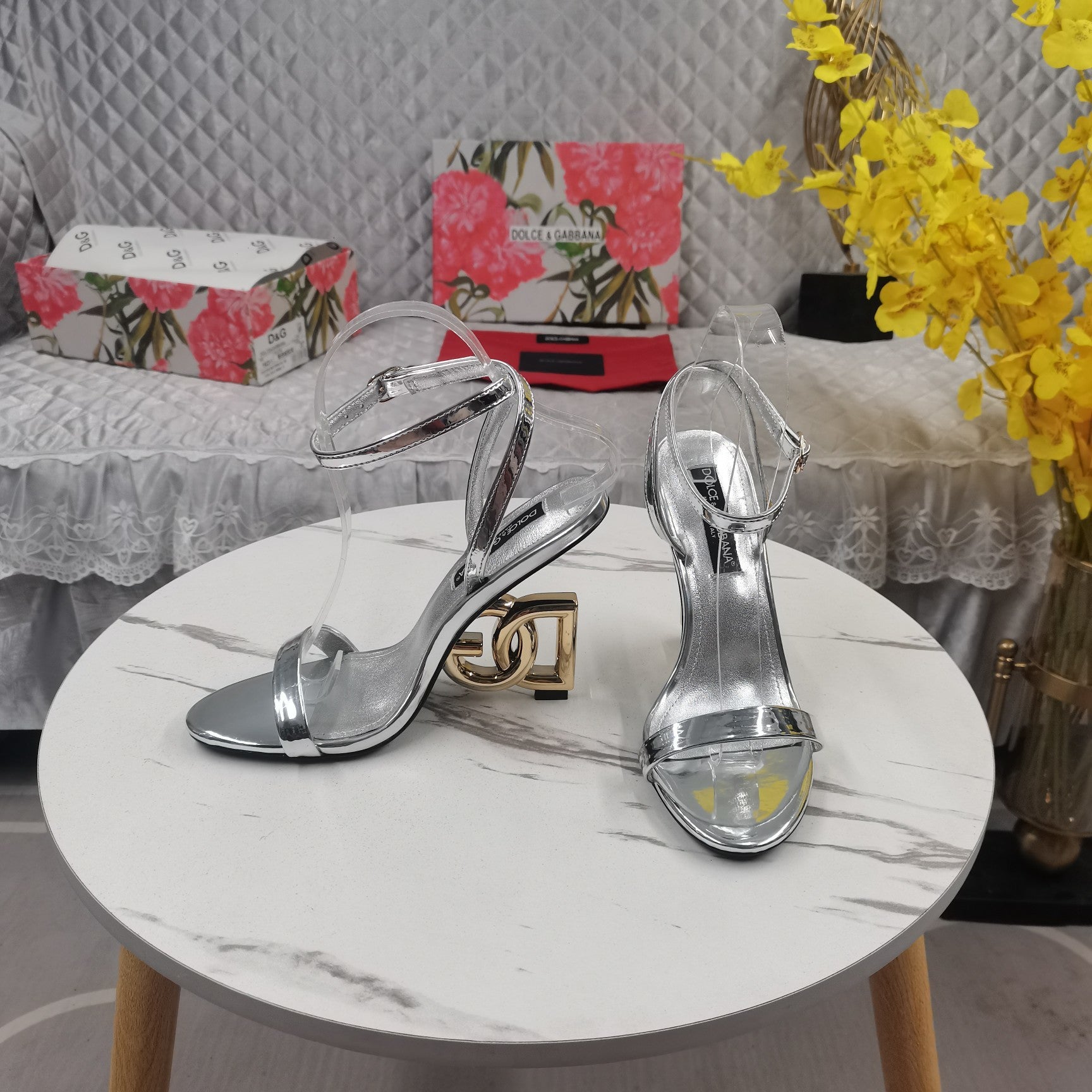 SILVER STRAPPY LOGO HEEL SANDALS