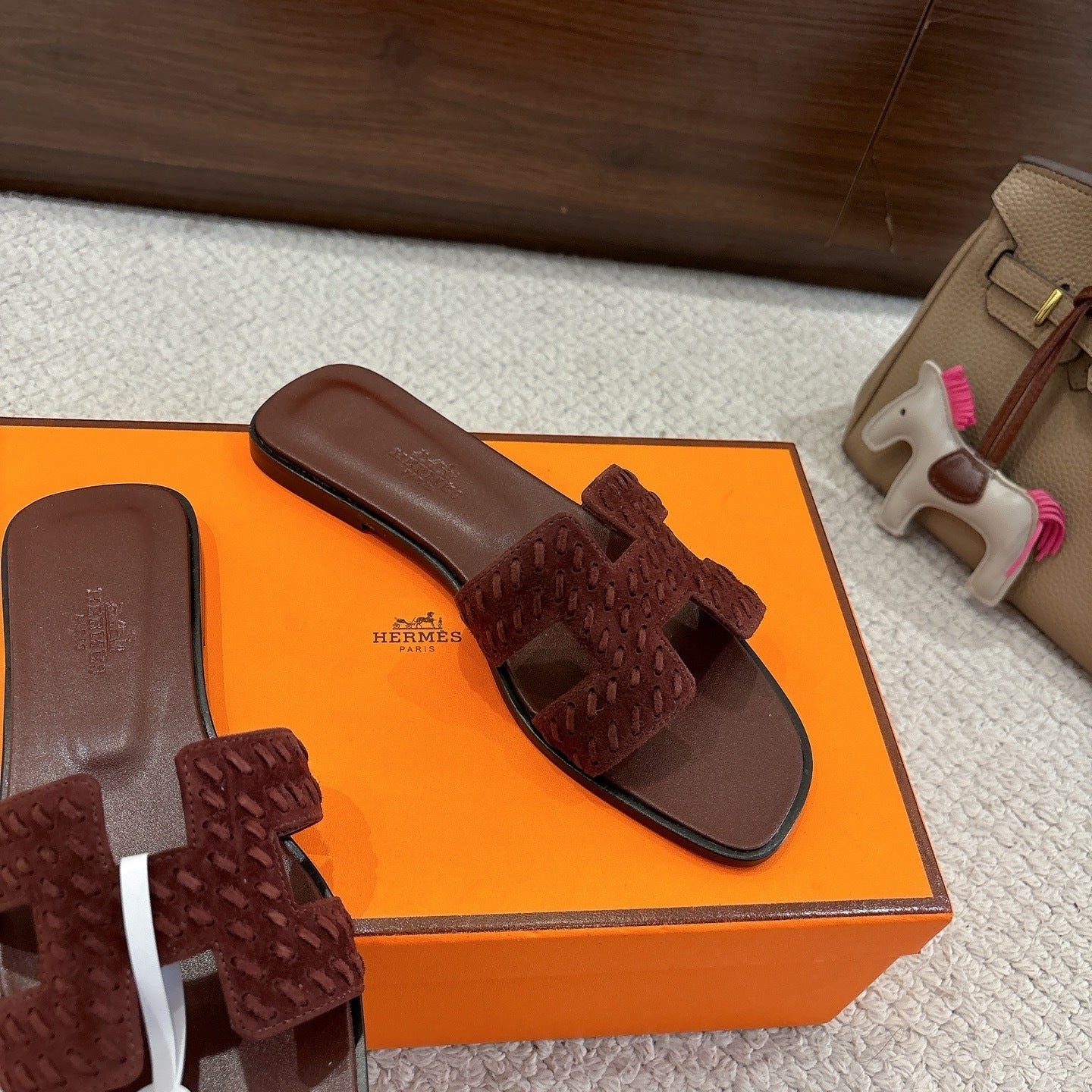 DARK BROWN SUEDE SLIDE SANDALS