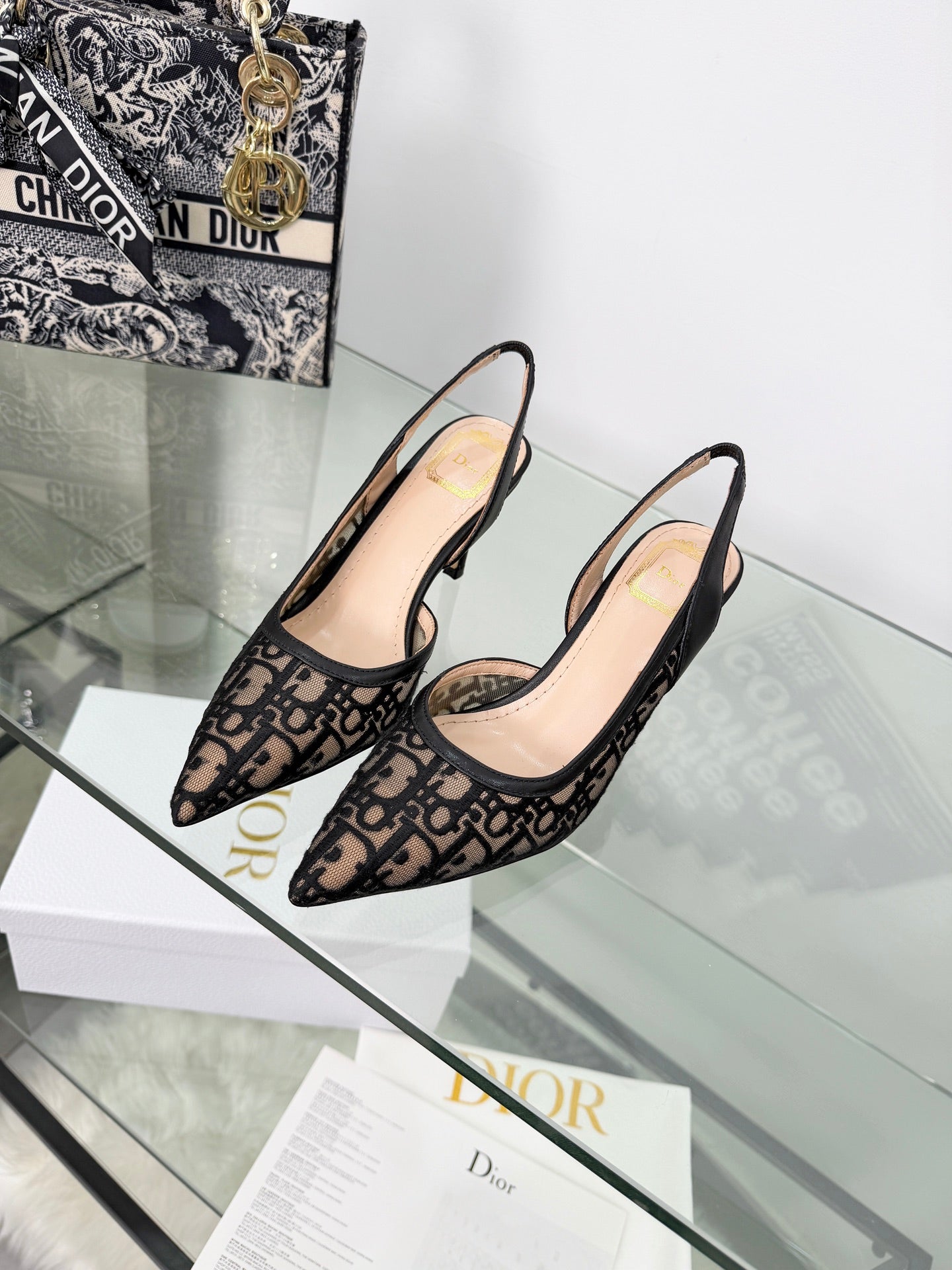 MONOGRAM MESH SLINGBACK POINTED-TOE HEELS