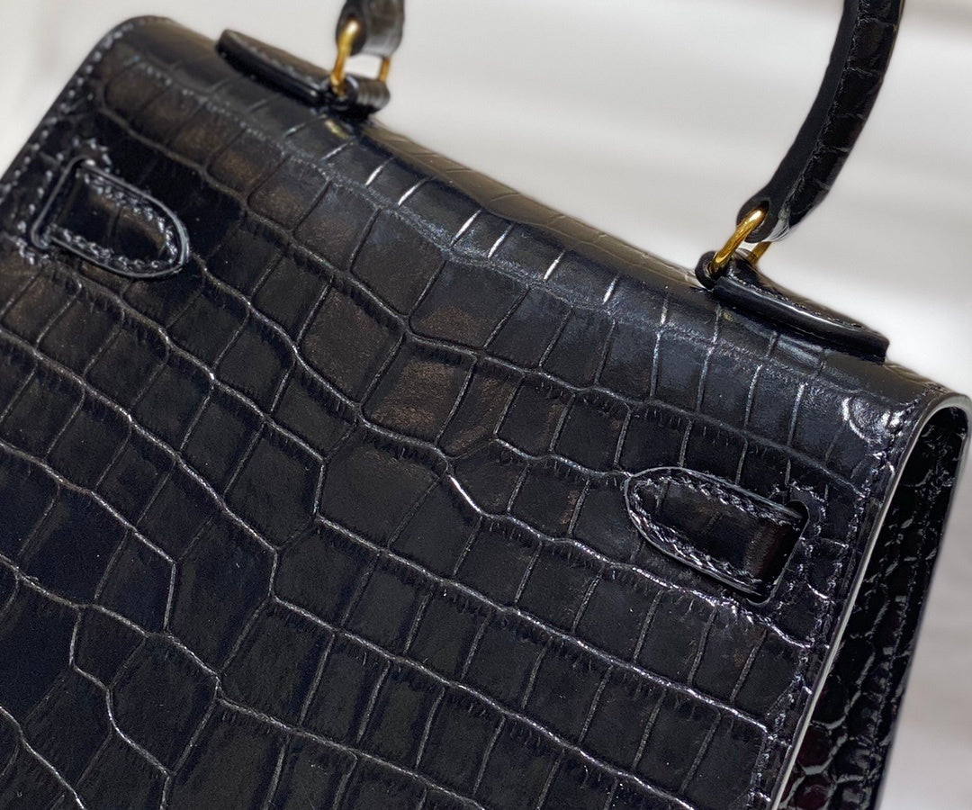 LUXURY BLACK CROCODILE EMBOSSED MINI TOP HANDLE HANDBAG WITH GOLD HARDWARE