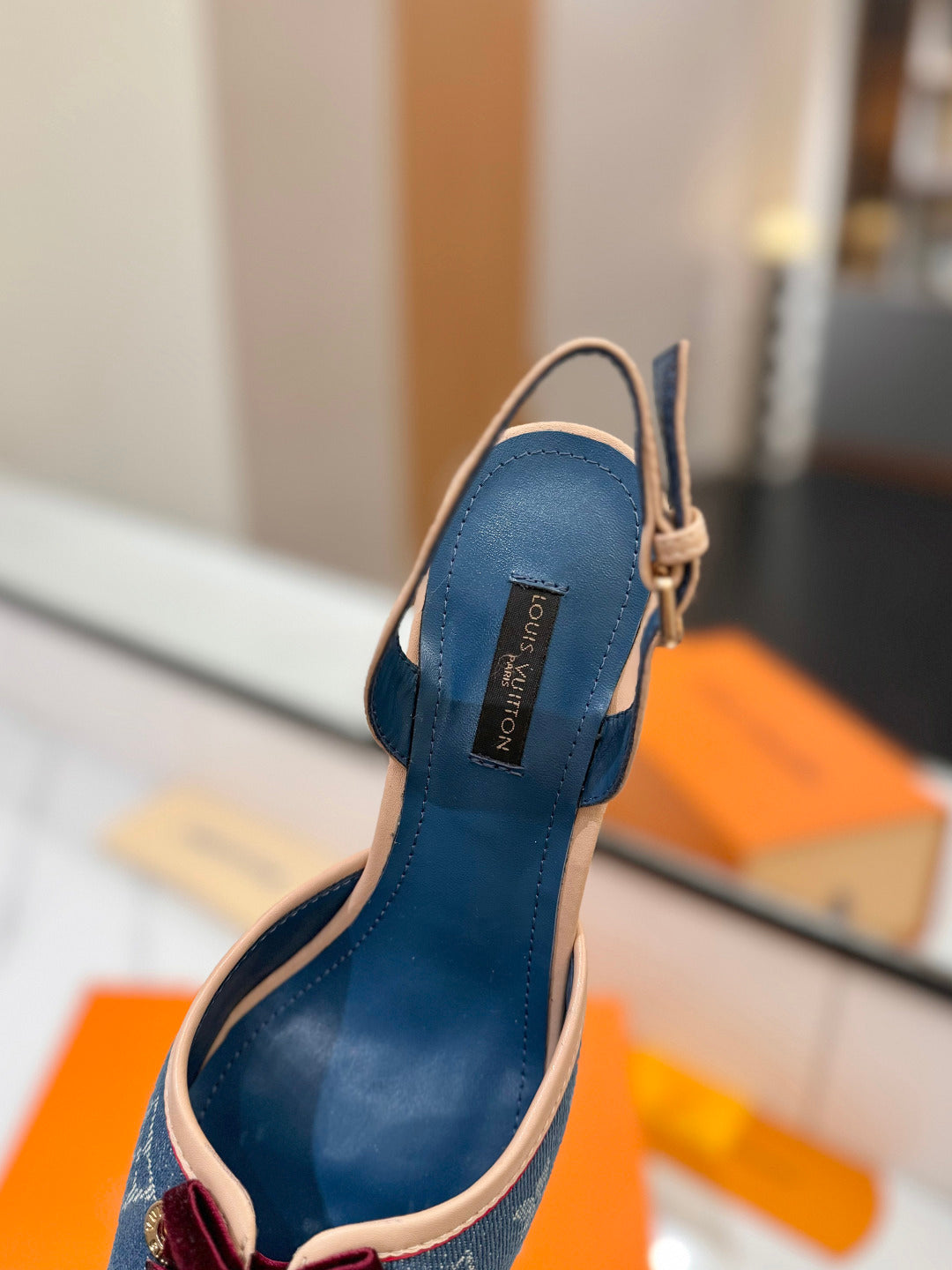 DENIM MONOGRAM SLINGBACK HEELS WITH VELVET BOW