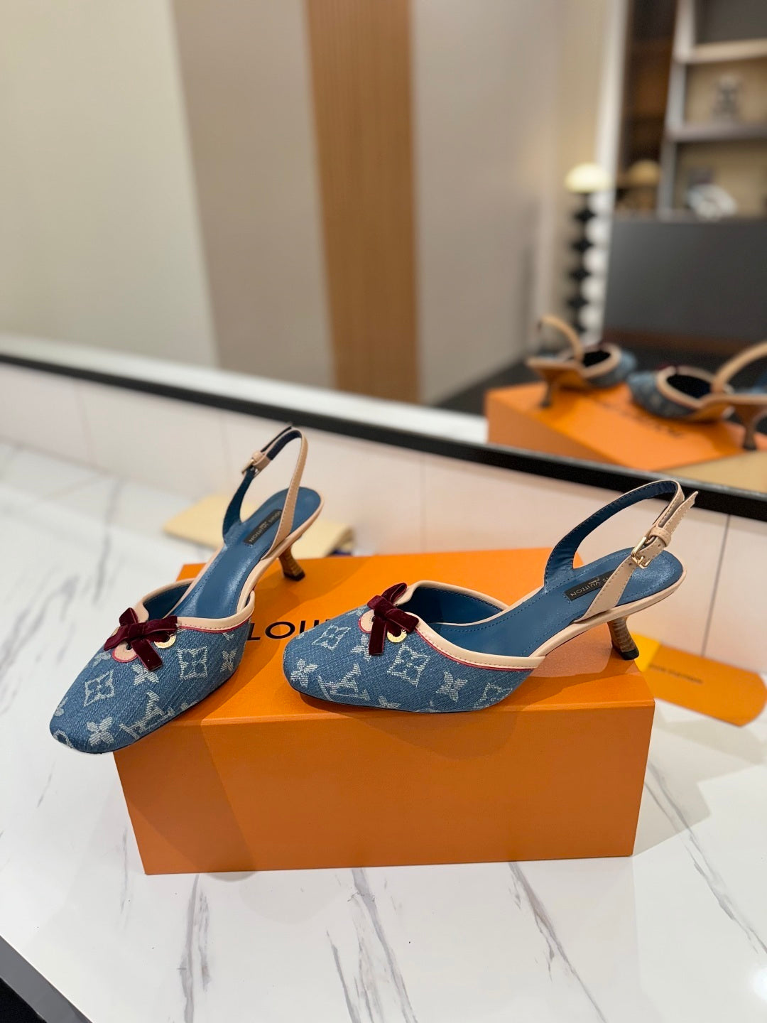 DENIM MONOGRAM SLINGBACK HEELS WITH VELVET BOW