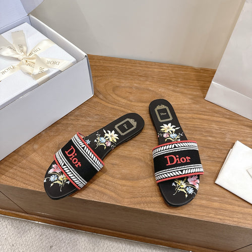 BLACK FLORAL LOGO STRAP SLIDE SANDALS