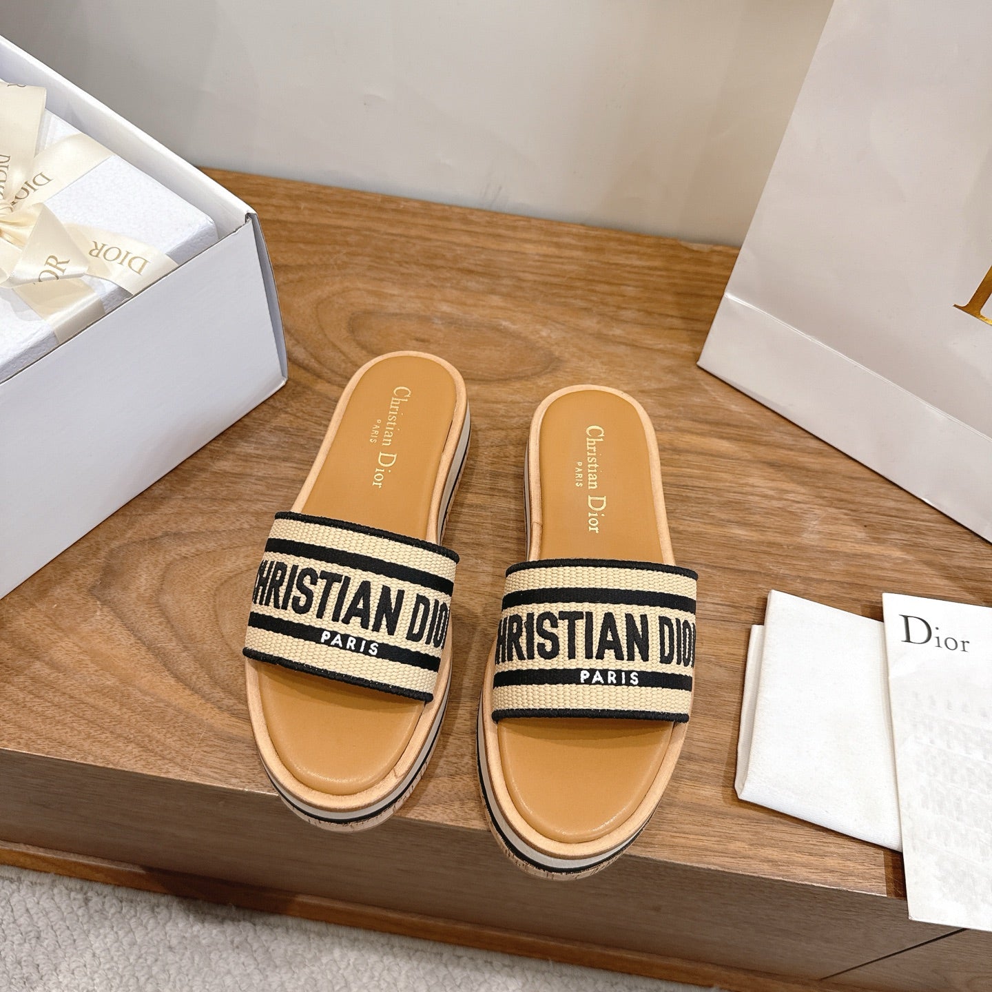 BLACK & BEIGE LOGO STRAP PLATFORM SLIDE SANDALS