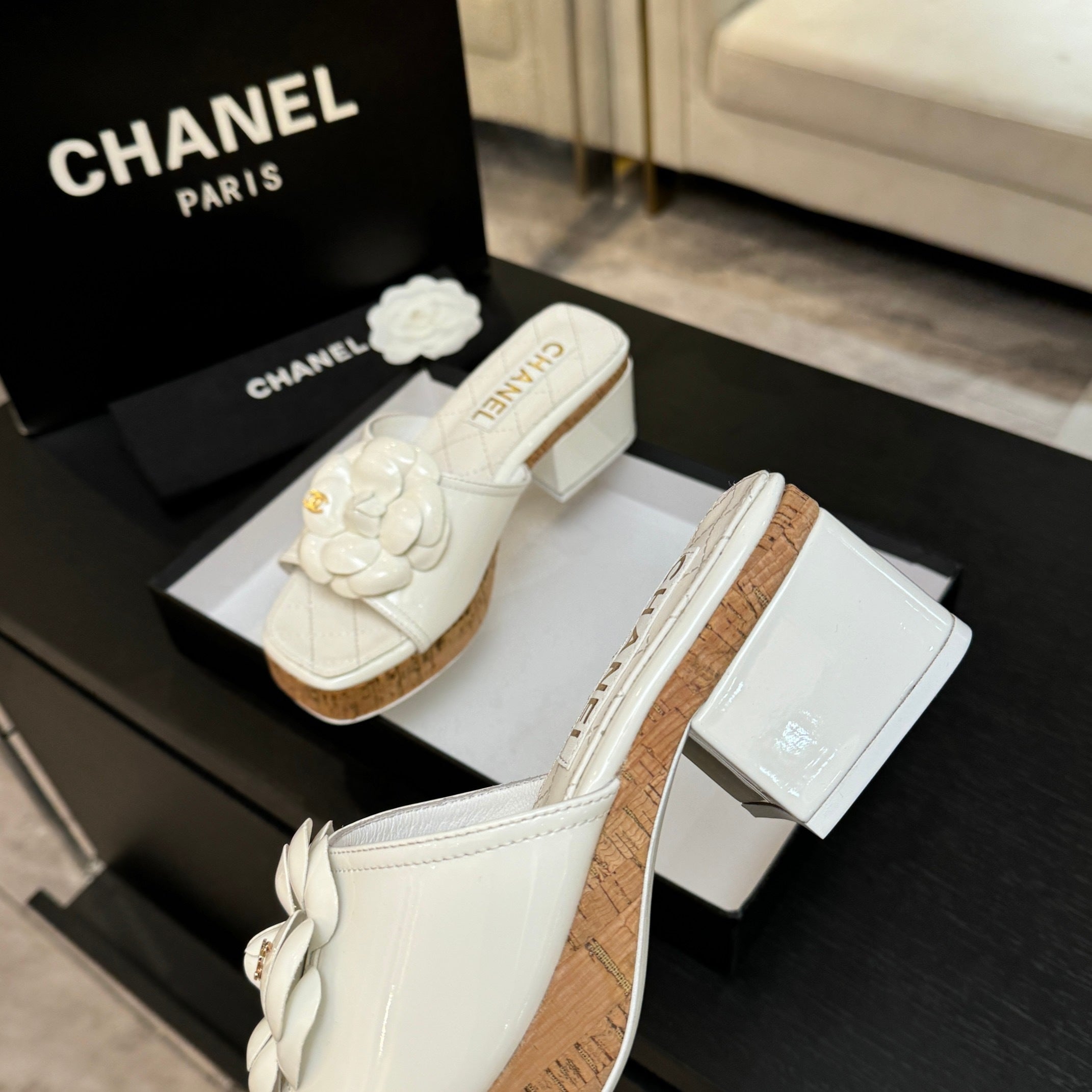IVORY QUILTED PLATFORM SLIDE SANDALS WITH CAMELLIA DETAIL