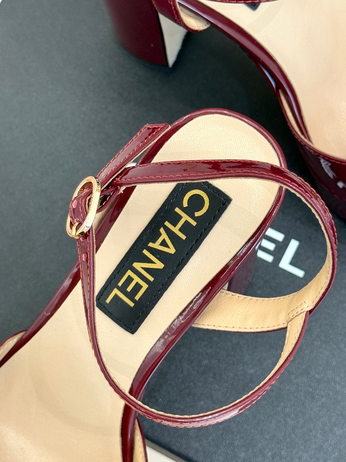 BURGUNDY PATENT PLATFORM CRYSTAL HEELS