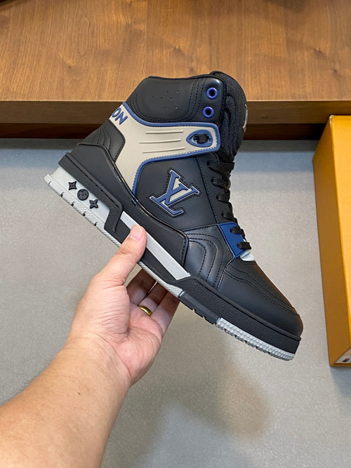 BLACK & GREY HIGH-TOP DESIGNER SNEAKERS WITH BLUE ACCENTS