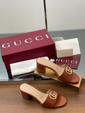 TAN MID-HEEL LOGO SLIDES