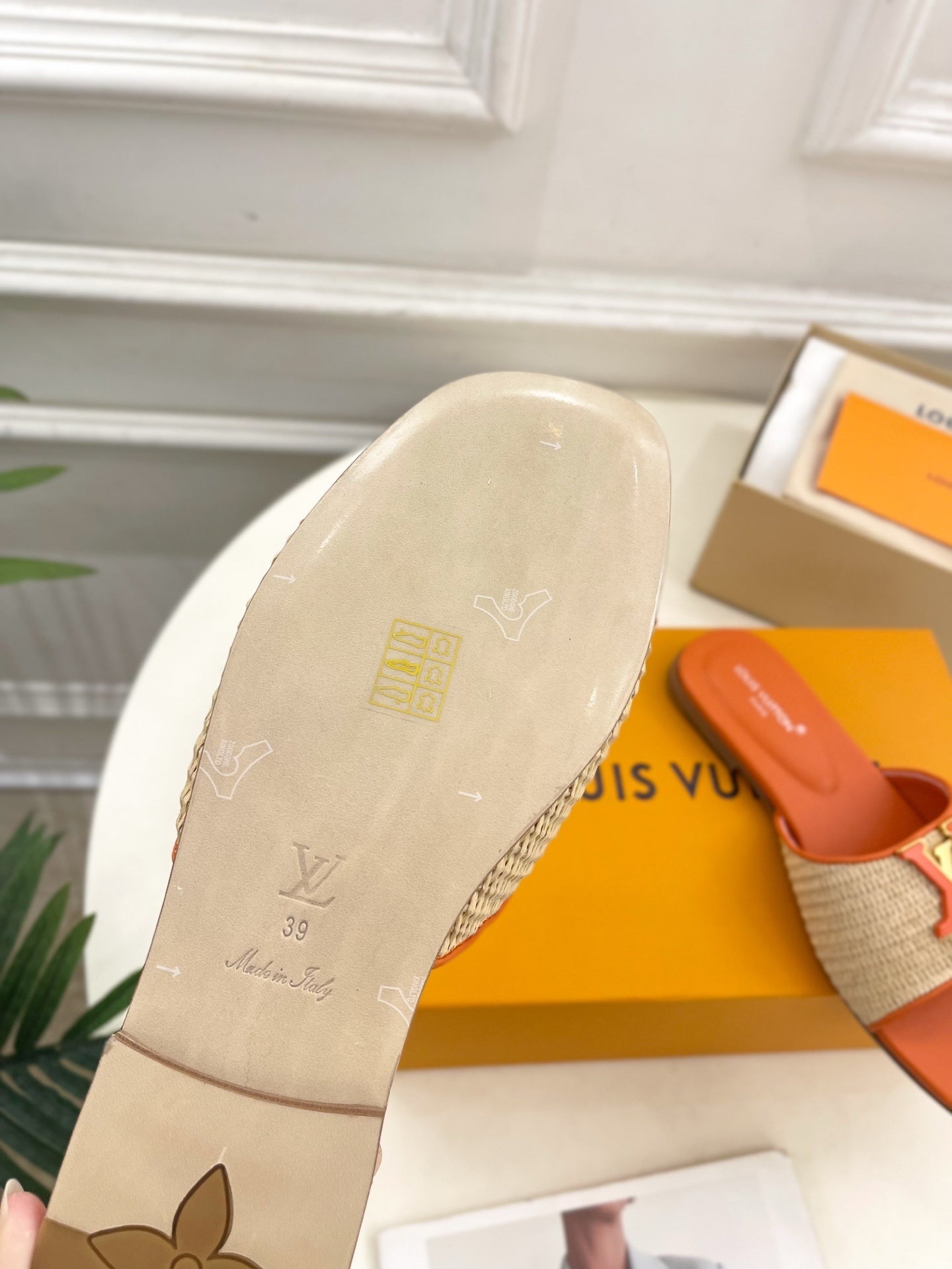 WOVEN STRAP MONOGRAM DETAIL SLIDE SANDALS – ORANGE