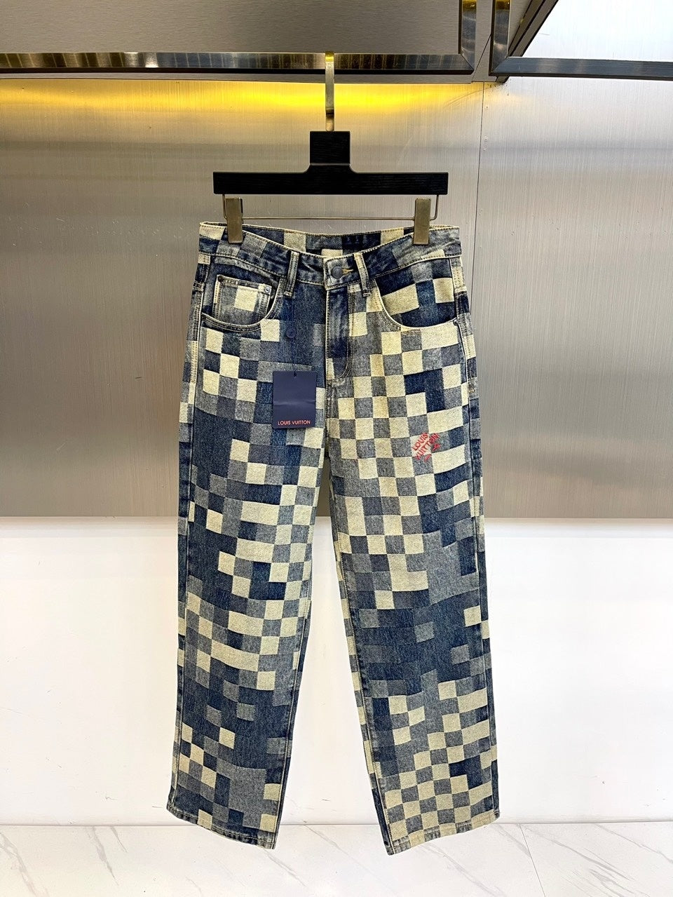 CHECKERED DENIM STRAIGHT-LEG JEANS