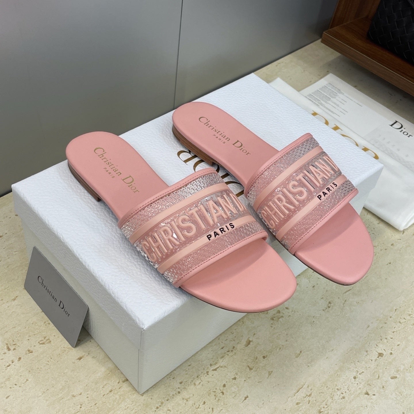 PINK LOGO EMBOSSED SLIDE SANDALS