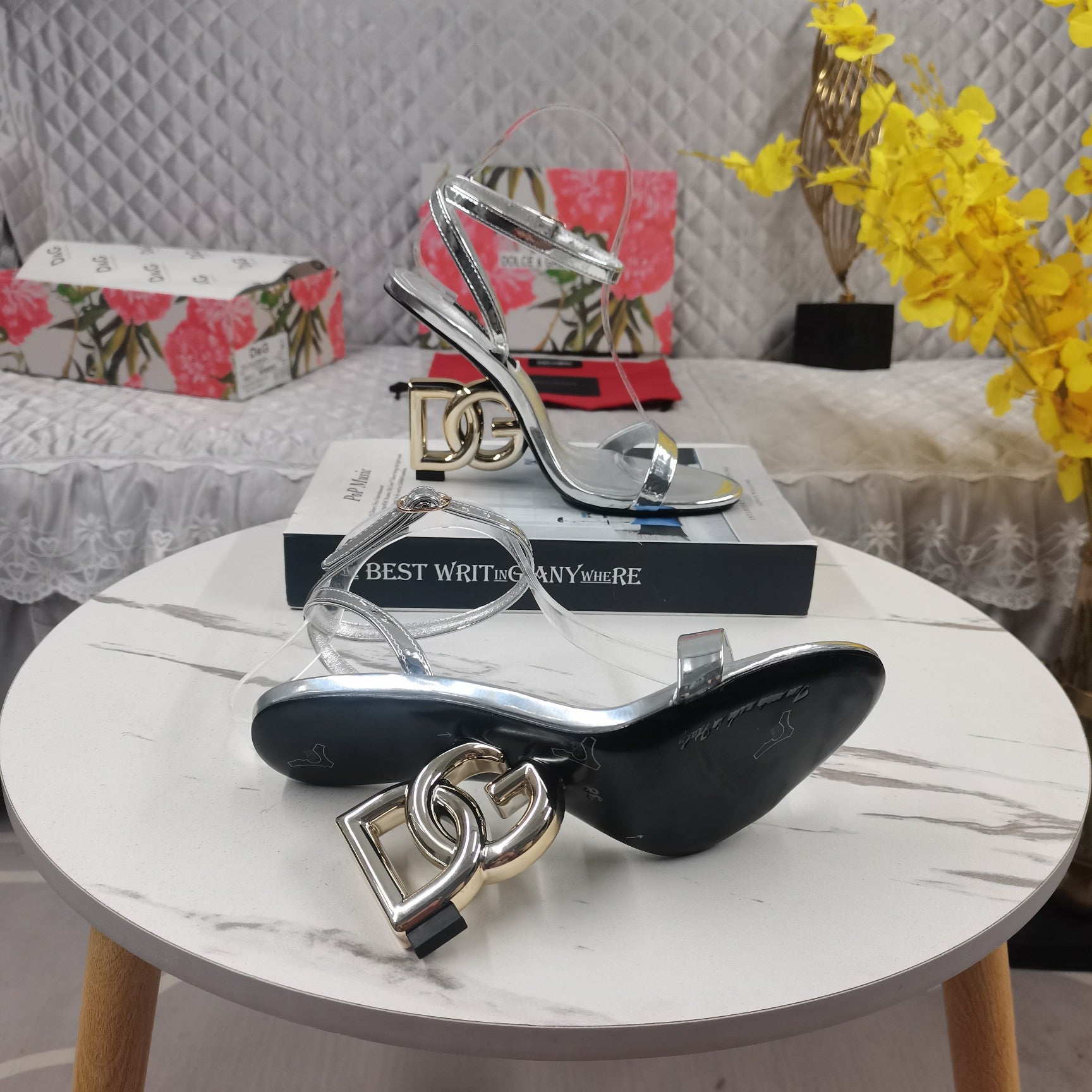 SILVER STRAPPY LOGO HEEL SANDALS