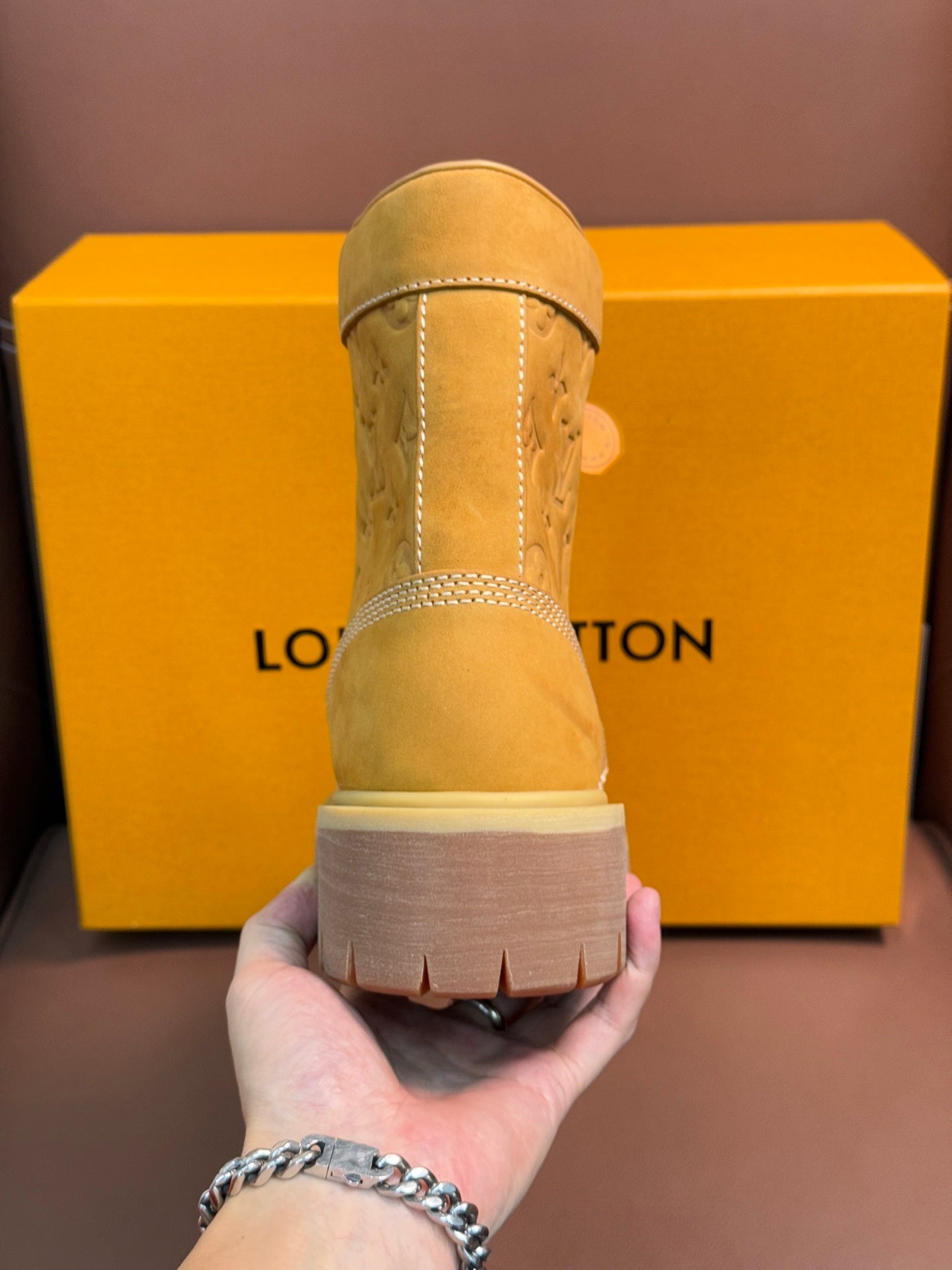 TAN MONOGRAM SUEDE COMBAT BOOTS