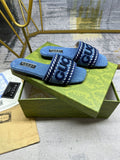 DENIM SLIDE SANDALS WITH EMBROIDERED LOGO STRAP