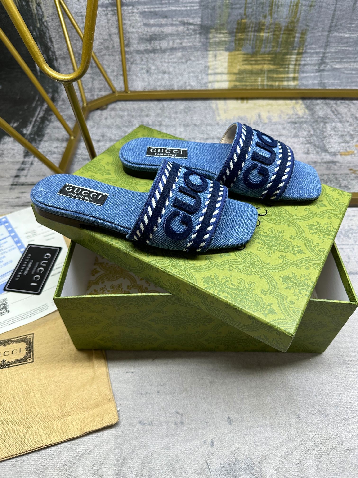 DENIM SLIDE SANDALS WITH EMBROIDERED LOGO STRAP