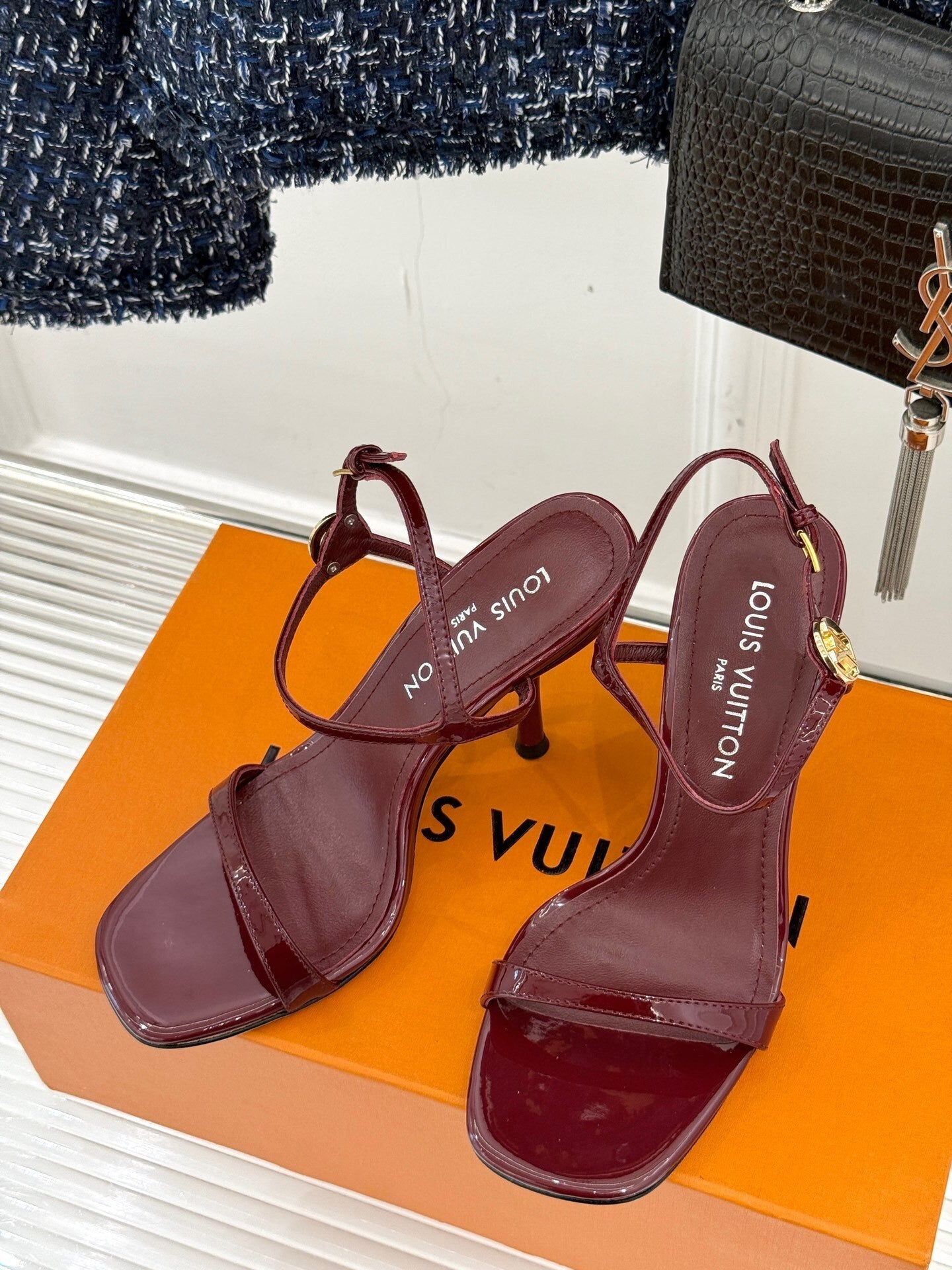 BURGUNDY PATENT LEATHER LOGO STRAP HEEL SANDALS